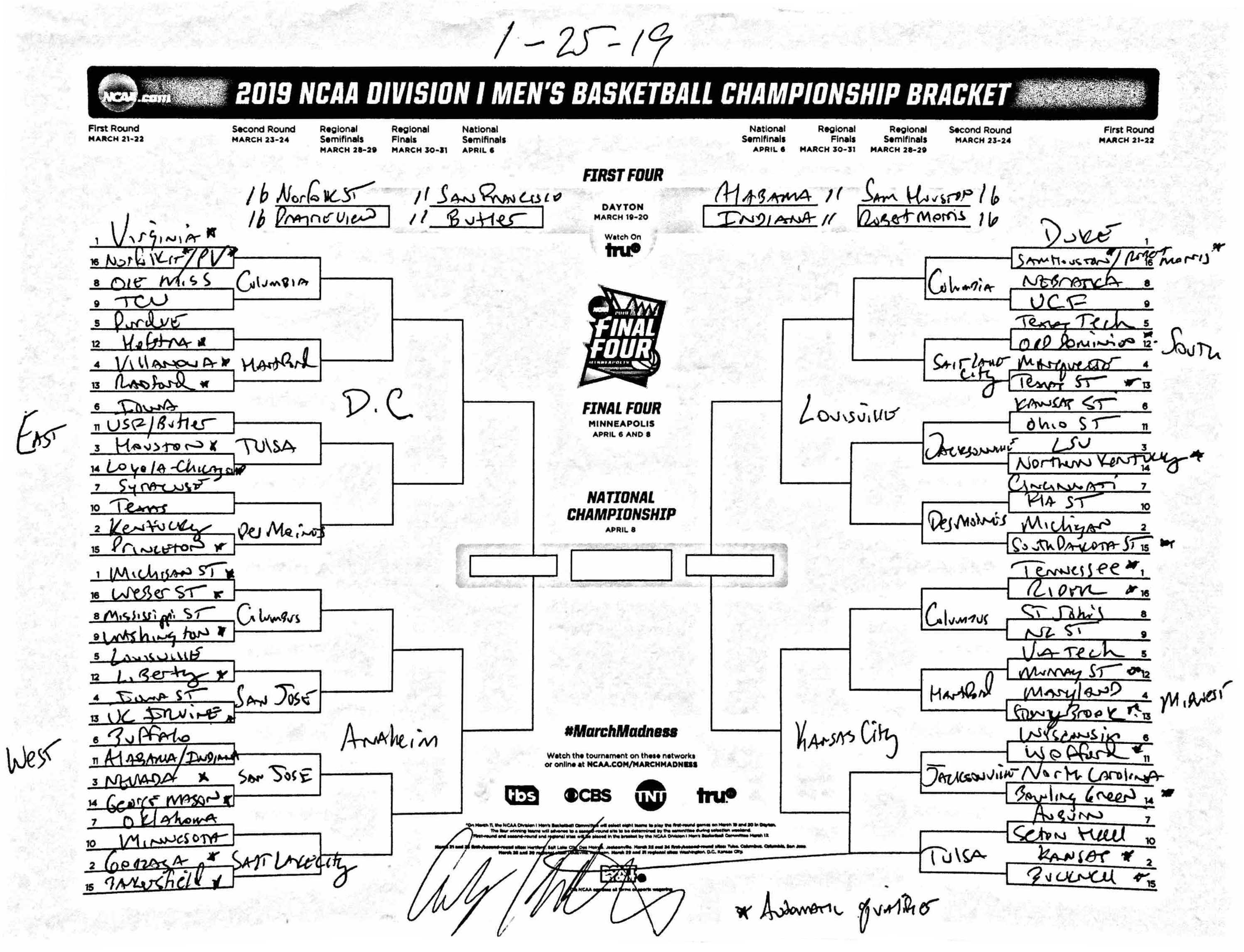 Andy Katz's NCAA tournament bracket prediction January 25