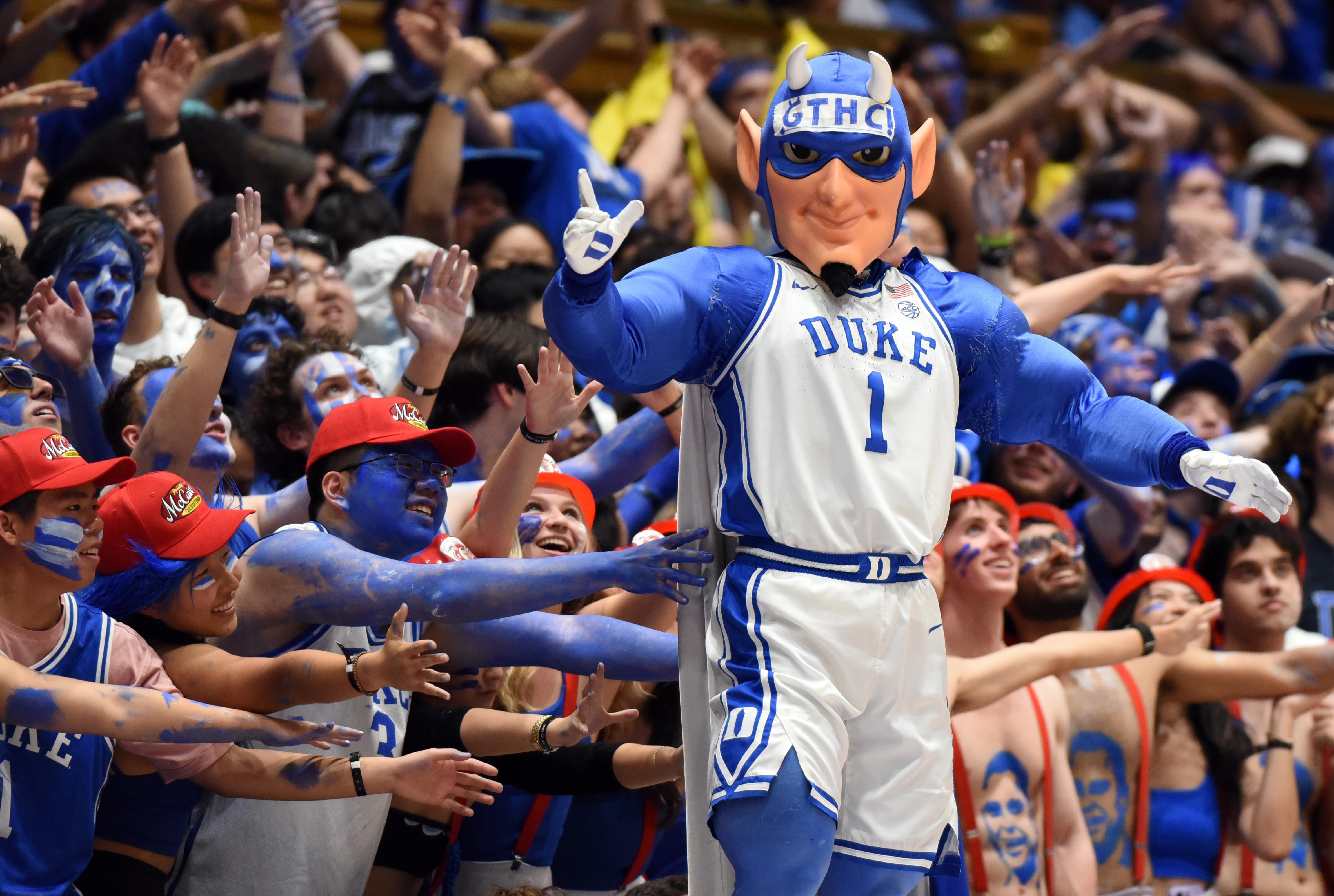 Duke Blue Devils mascot performs during second half of men's basketball game
